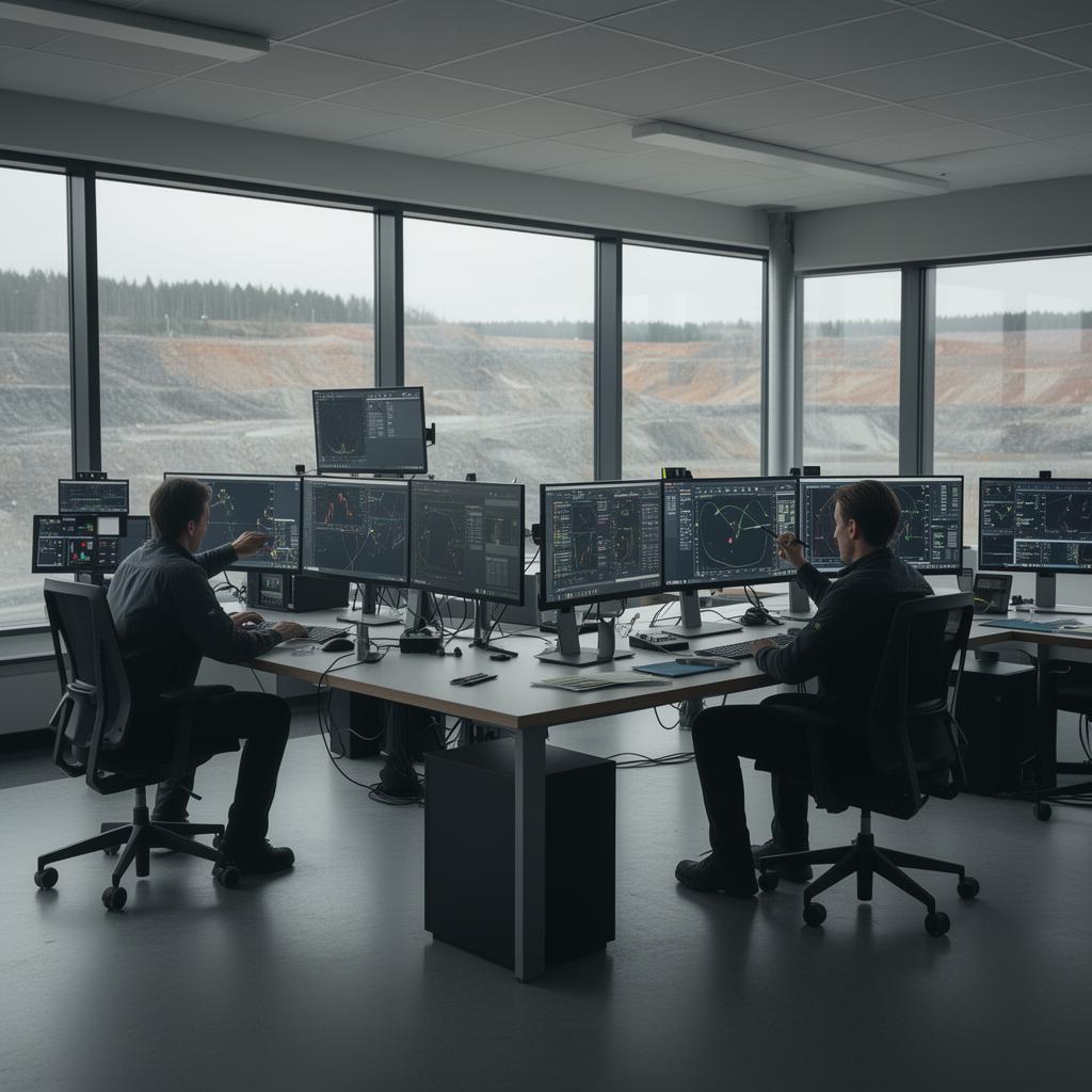 Operators monitoring a mine site from a modern control room